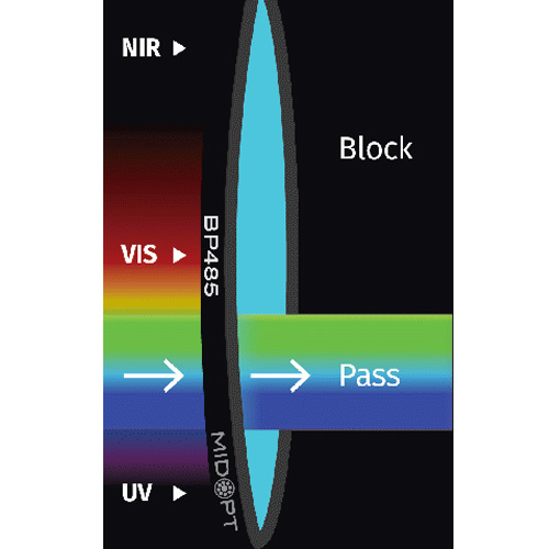 BP485: 吸収型ブルーバンドパス / NIRブロック: 380-585nm透過
