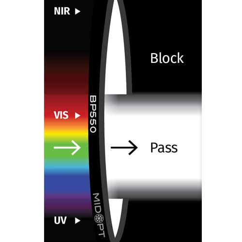 BP550: NIR/UVブロック ・ 可視域バンドパス: 405-690nm透過